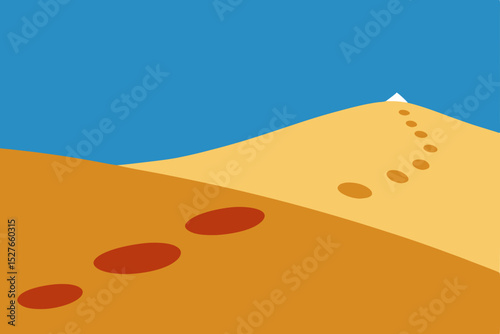 Vector illustration of a hot desert landscape with sand dunes under a dramatic sky at sunset