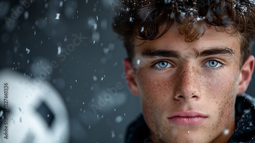 Teen Boy's Portrait in Winter Snowfall Close up of a Freckled Young Man