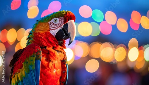 Vibrant Macaw Parrot at Night with Colorful Bokeh