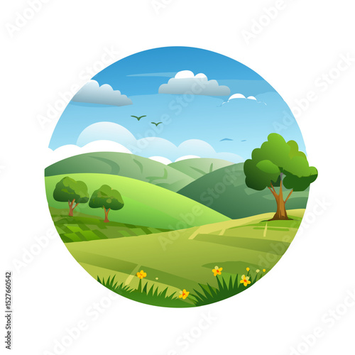Green Hills Landscape under Clear Summer Sky – Natural Outdoor Scenic View Background