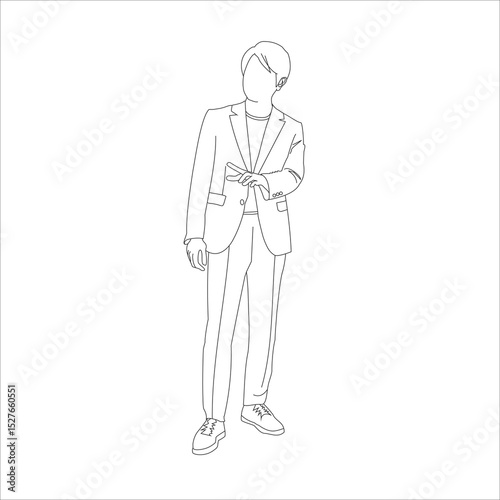 外で手を使い説明をしている若手の営業マン男性の線画