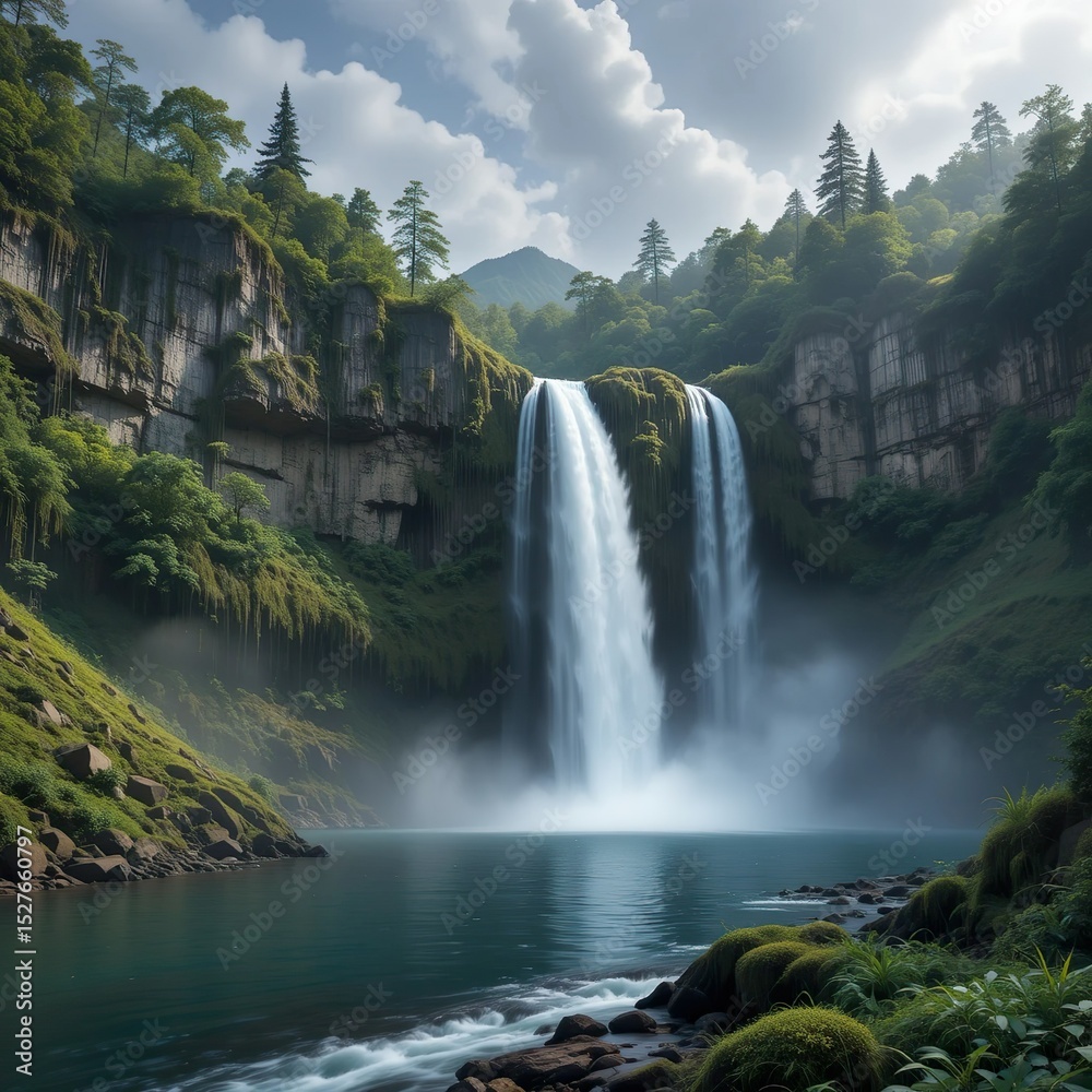 Fototapeta premium Majestic Waterfall and Emerald Lake