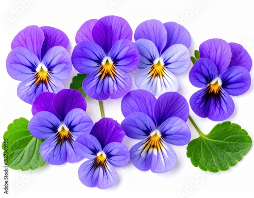 Vibrant purple and yellow pansies with green leaves