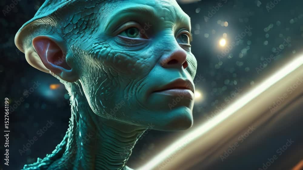 A humanoid alien with detailed scaly skin gazes at a distant celestial ...