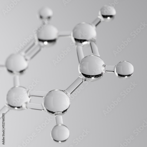 Fototapeta Naklejka Na Ścianę i Meble -  Elegant abstract 3D illustration of a clear glass molecule, representing essential compounds like hyaluronic acid or collagen. Scientific background for beauty, skincare cosmetics concepts.