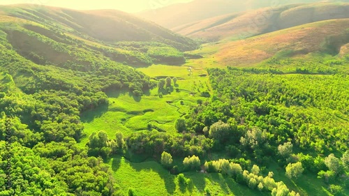 Green valley with a stream surrounded by forested hills. Drone view in bright spring sunlight.