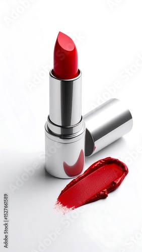 Red Lipstick and Silver Case on White Background