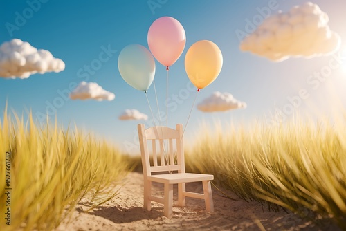 Serene Field Scene with Chair and Floating Balloons photo