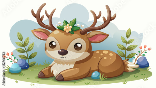 Close-up of a deer plush toy with stitched nose, antlers, and a tiny floral crown, laying softly on white. Soft woodland theme for fairytale-inspired vector assets.