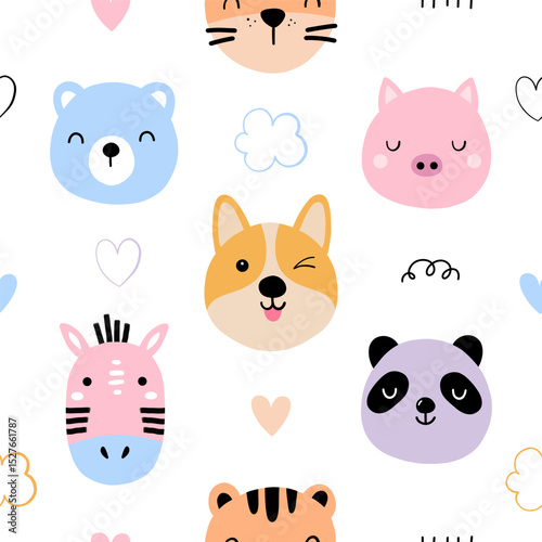 Seamless childish pattern with cute animal faces. Creative kids forest texture for fabric, wrapping, textile, wallpaper, apparel. Vector illustration	