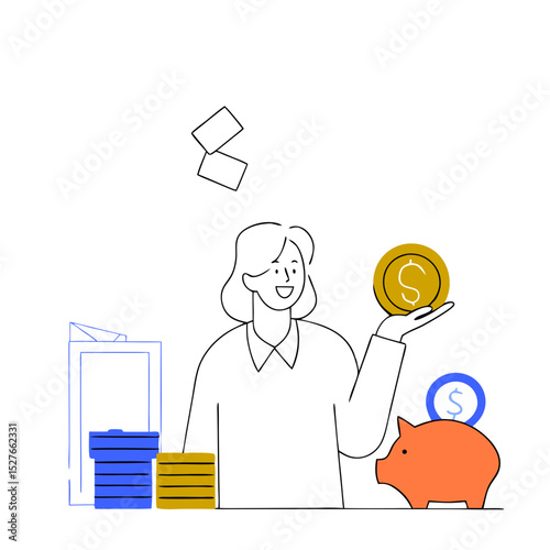 Happy female entrepreneur surrounded money and showing gold coin isolated flat vector illustration. Cartoon bank consumer refinancing loan. Personal financial target and business concept