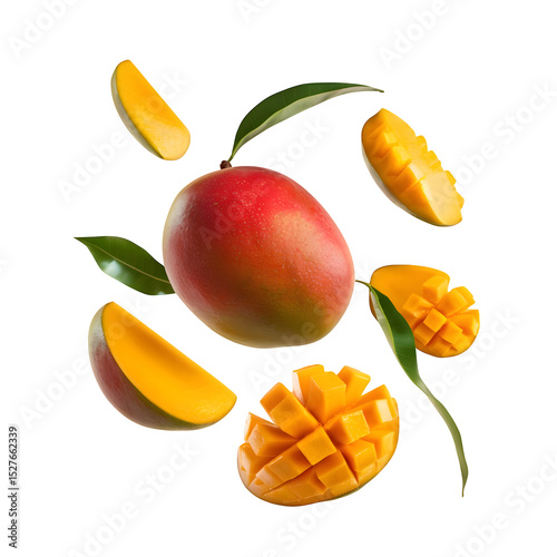 Floating mango pieces and whole mango isolated on transparent background