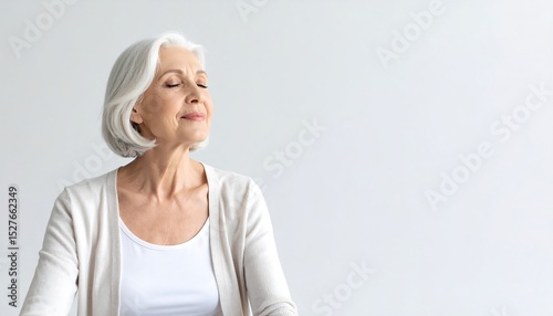 Serene Senior Woman Contemplating in a White Studio