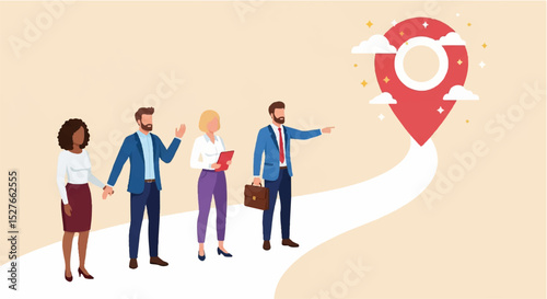 Business Team Navigating Toward Success on Strategic Path with Location Marker