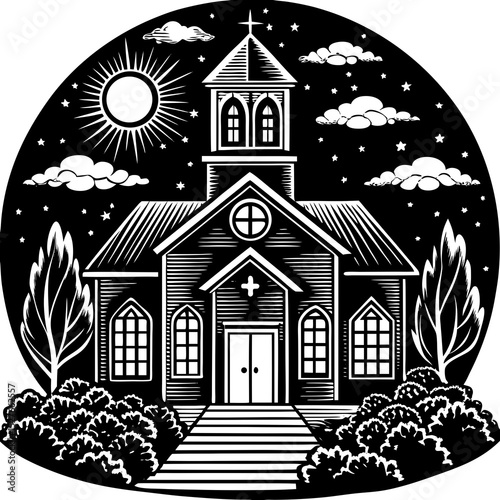 Night scene of a church with stars and moon