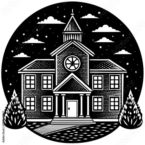 Nighttime view of a classic school building