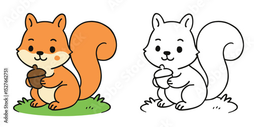 Coloring Book For Kids Cartoon Of Cheerful squirrel holding an acorn on grass Outline Vector Illustration