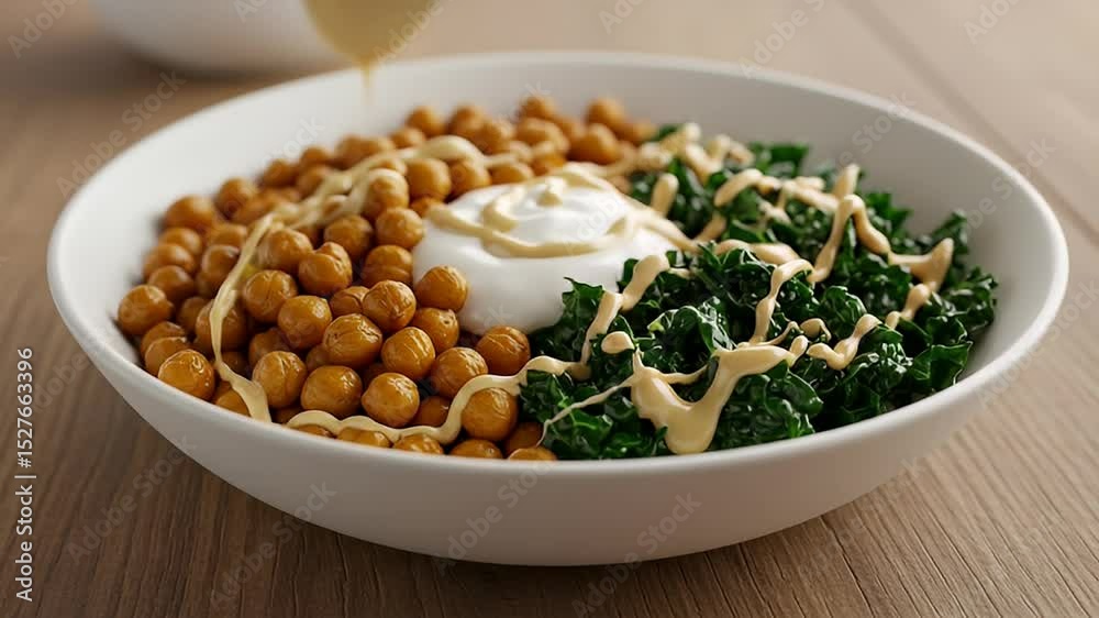 Bowl of Chickpeas and Kale Salad with Creamy Tahini Sauce on a Wooden Table a Healthy Vegetarian and Vegan Meal Option for Lunch or Dinner Bowl of Chickpeas and Kale Salad with Creamy Tahini Sauce on a Wooden Table a Healthy Vegetarian and Vegan Meal Option for Lunch or Dinner