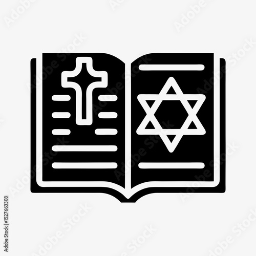 Religious book icon with Christian cross and Star of David representing interfaith or religious studies
