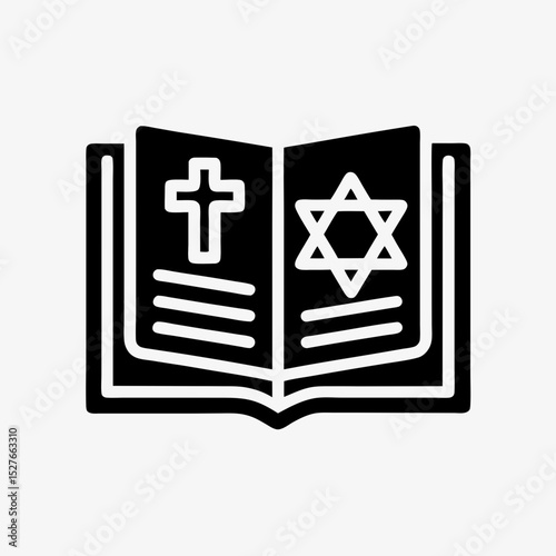 Religious book icon with Christian cross and Star of David representing interfaith or religious studies
