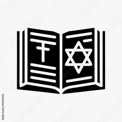 Religious book icon with Christian cross and Star of David representing interfaith or religious studies
