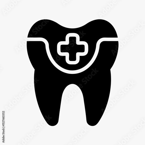 Dental health icon with tooth silhouette and medical cross symbol in black and white
