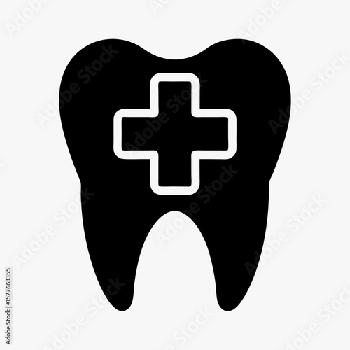 Dental health icon with tooth silhouette and medical cross symbol in black and white
