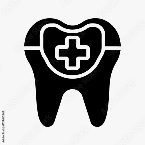 Dental health icon with tooth silhouette and medical cross symbol in black and white
