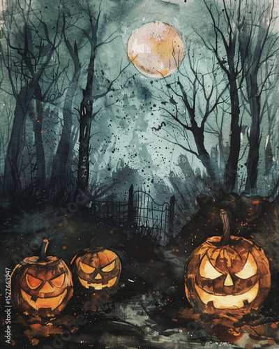 Watercolor Painting of Trending Halloween Scene with Organic Textures and Artistic Composition. Generative AI
