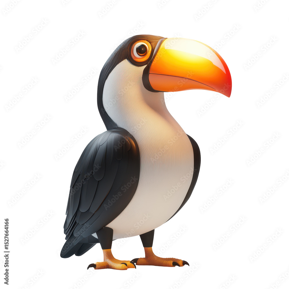 Naklejka premium Colorful toucan figurine standing on a white surface with vibrant features and a large orange beak