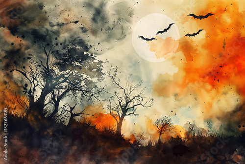 Watercolor Painting of Trending Halloween Scene with Organic Textures and Artistic Composition. Generative AI