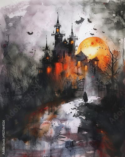 Watercolor Painting of Trending Halloween Scene with a Castle, Organic Textures and Artistic Composition. Generative AI