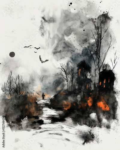 Watercolor Painting of Trending Halloween Scene with Organic Textures and Artistic Composition. Generative AI