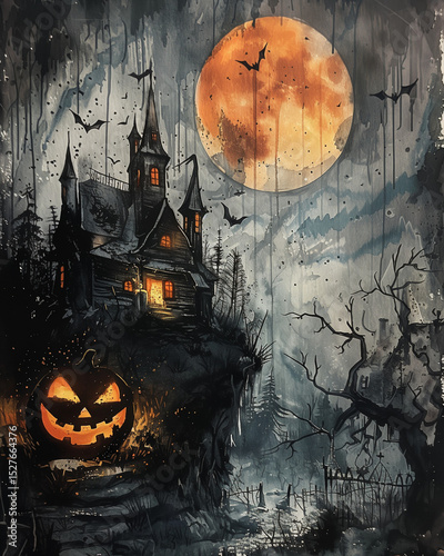 Watercolor Painting of Halloween Scene with a Castle, Organic Textures and Artistic Composition. Generative AI
