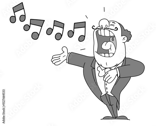 Singing man in tuxedo with musical notes
