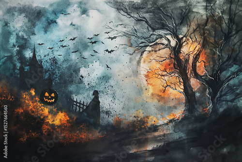 Watercolor Painting of Trending Halloween Scene with Organic Textures and Artistic Composition. Generative AI