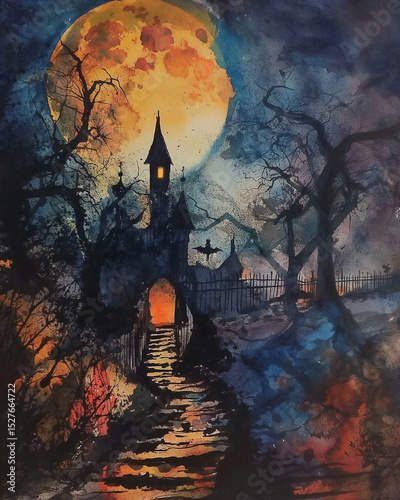 Watercolor Painting of Trending Halloween Scene with a castle, Organic Textures and Artistic Composition. Generative AI