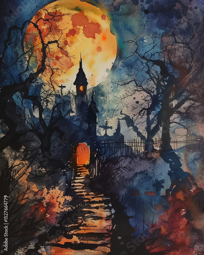 Watercolor Painting of Halloween Scene with a Castle, Organic Textures and Artistic Composition. Generative AI