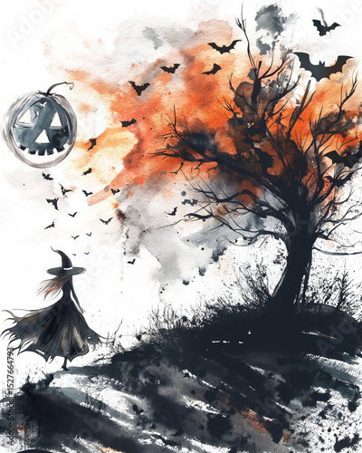 Spooky halloween background. Watercolor Painting of Halloween Scene with a Witch, Organic Textures and Artistic Composition. Generative AI