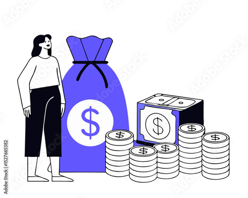  Tiny woman standing near piles of coins. Financial investing concept, profit growth, iincrease wealth. Safe economical fund deposit strategy. Modern flat vector illustration 