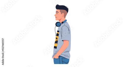 Modern illustration of a man with headphones, standing calmly while listening to tunes, isolated on white.