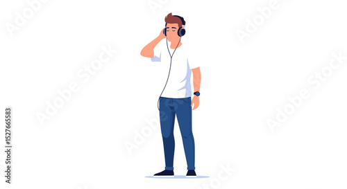 Simple and modern flat vector of a male music listener, isolated, relaxed pose with headphones.