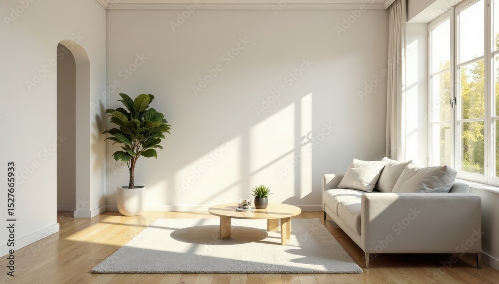 Fototapeta premium Sun-drenched minimalist living room with light wood floors and neutral palette, white, airy