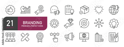 Set of line icons related to branding, marketing, product. Outline icons collection. Editable stroke. Vector illustration
