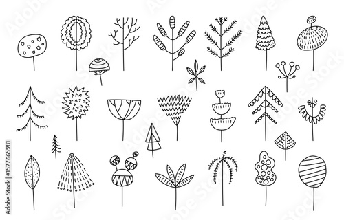 Hand drawn tree doodle nature elements line art sketch set minimalist design on white background