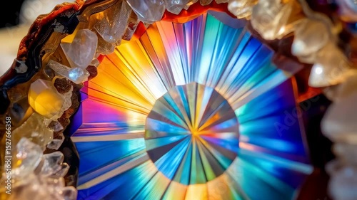 Colorful gemstone crystal specimen with internal radiating pattern and clear crystal encrusted exterior in mineralogical detail