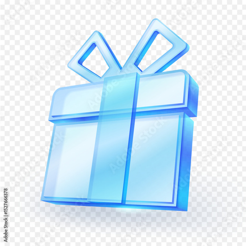 Translucent glass blue 3d gift box complete with a ribbon and bow. Perfect for holiday, celebration, Christmas, birthday or reward themes. isolated on transparent background. Vector illustration.