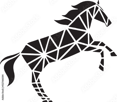 Bold and striking geometric silhouette of a galloping horse. Created with angular polygon shapes, perfect for modern art, logo design, and tattoos.