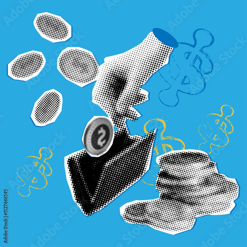 An empty wallet and a hand holding a coin in front with halftone effect,falling coins,dollar signs,saving concept