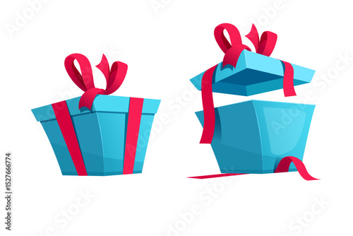 red ribbon bow open and closed gift box design on the white background.